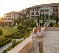 Senior couple enjoying wine at a senior living community
